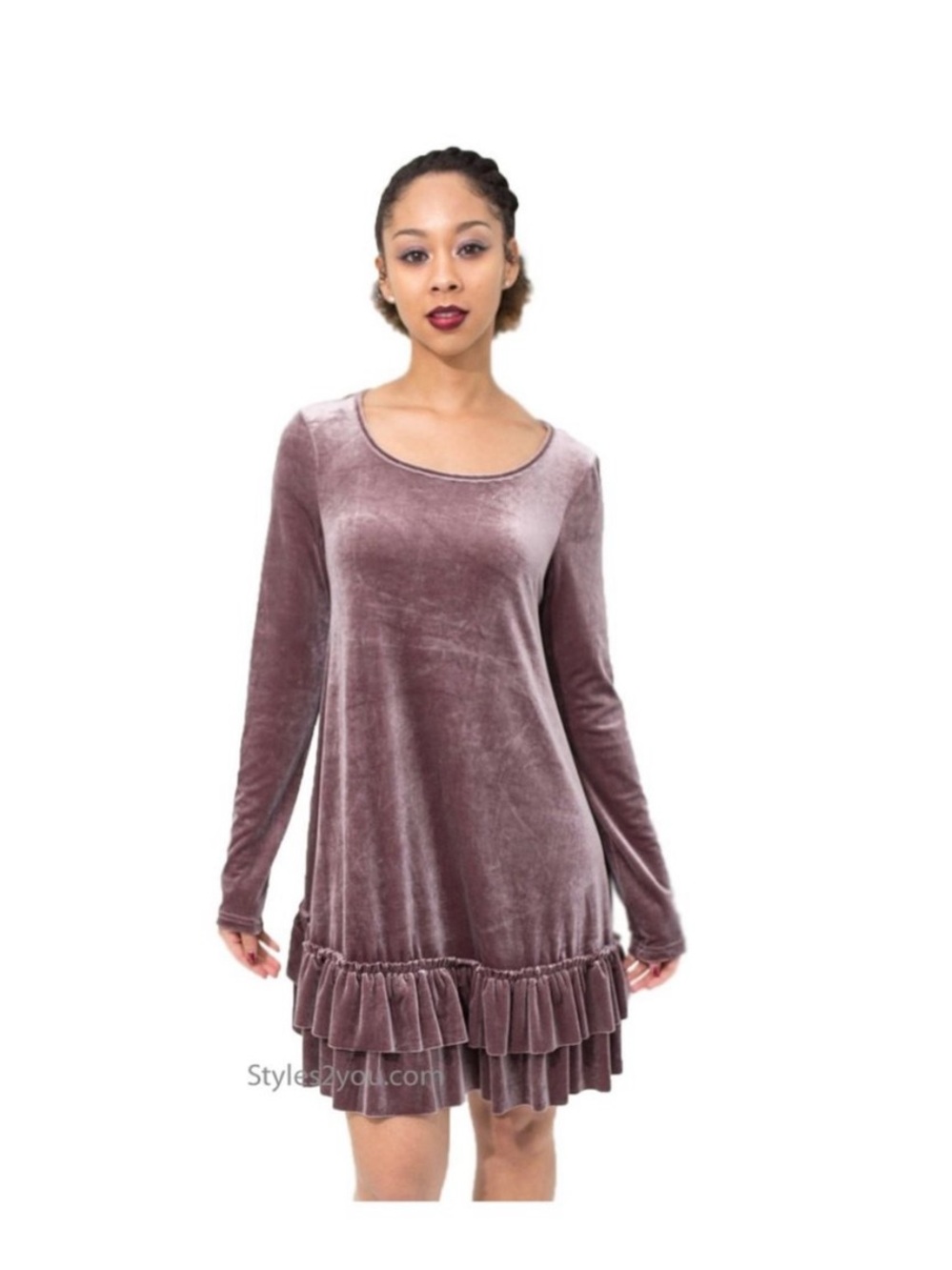 easel Luxurious Velvet Long-Sleeve Ruffle-Hem Dress/Long Tunic- Mauve